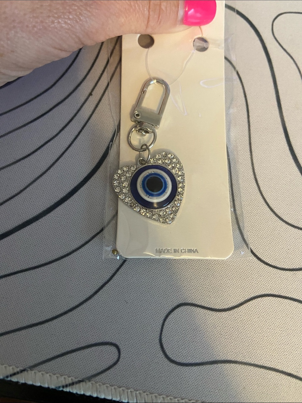 Rhinestone Heart Evil Eye Keychain - Blue & Silver